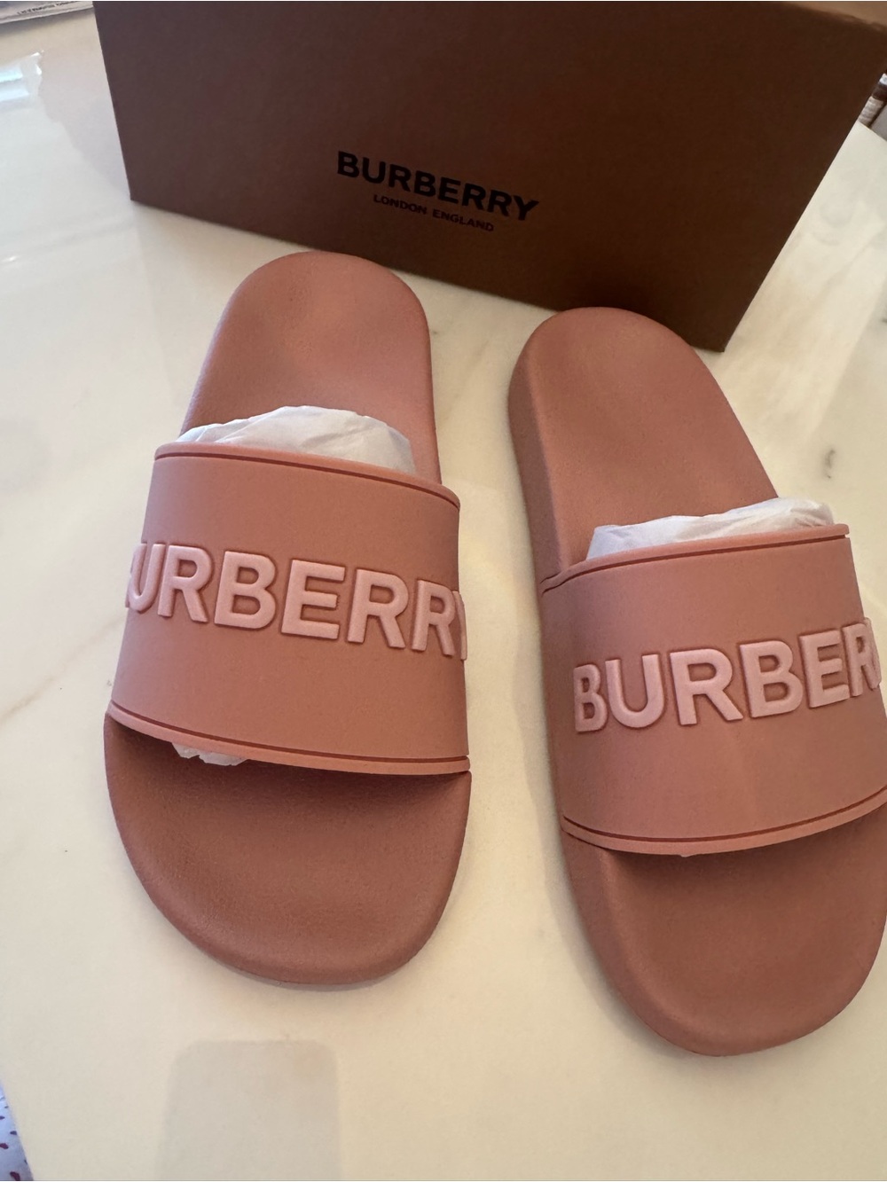 Burberry Rose-Pink Embossed Logo Slide Sandals - Picture 2 of 5